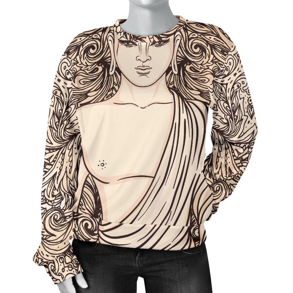 Beige Buddha Mandala Print Women's Crewneck Sweatshirt GearFrost