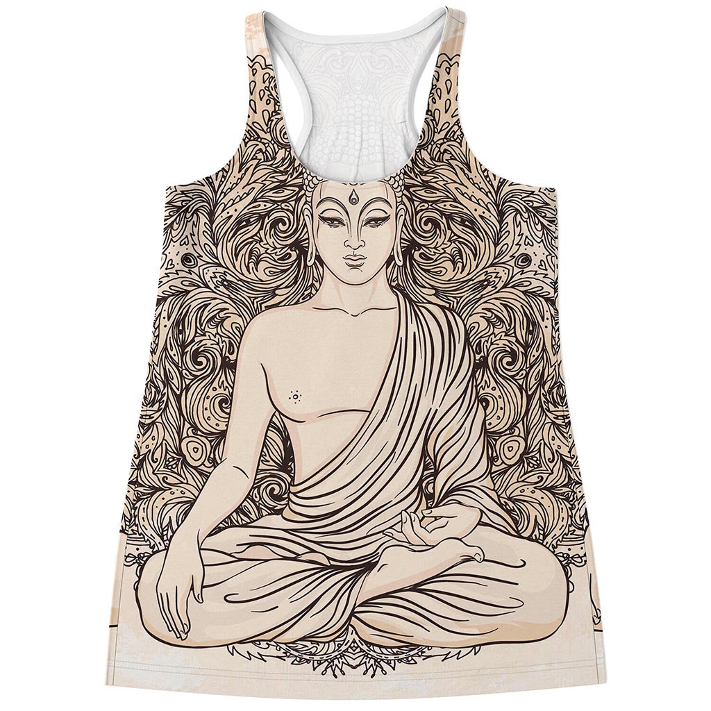 Beige Buddha Mandala Print Women's Racerback Tank Top