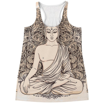 Beige Buddha Mandala Print Women's Racerback Tank Top
