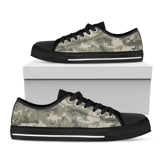 Beige Digital Camo Pattern Print Black Low Top Shoes