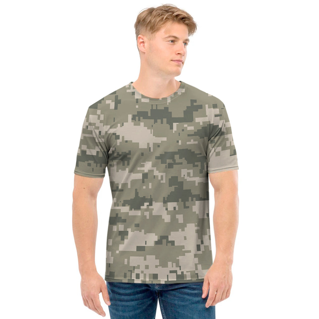Beige Digital Camo Pattern Print Men's T-Shirt