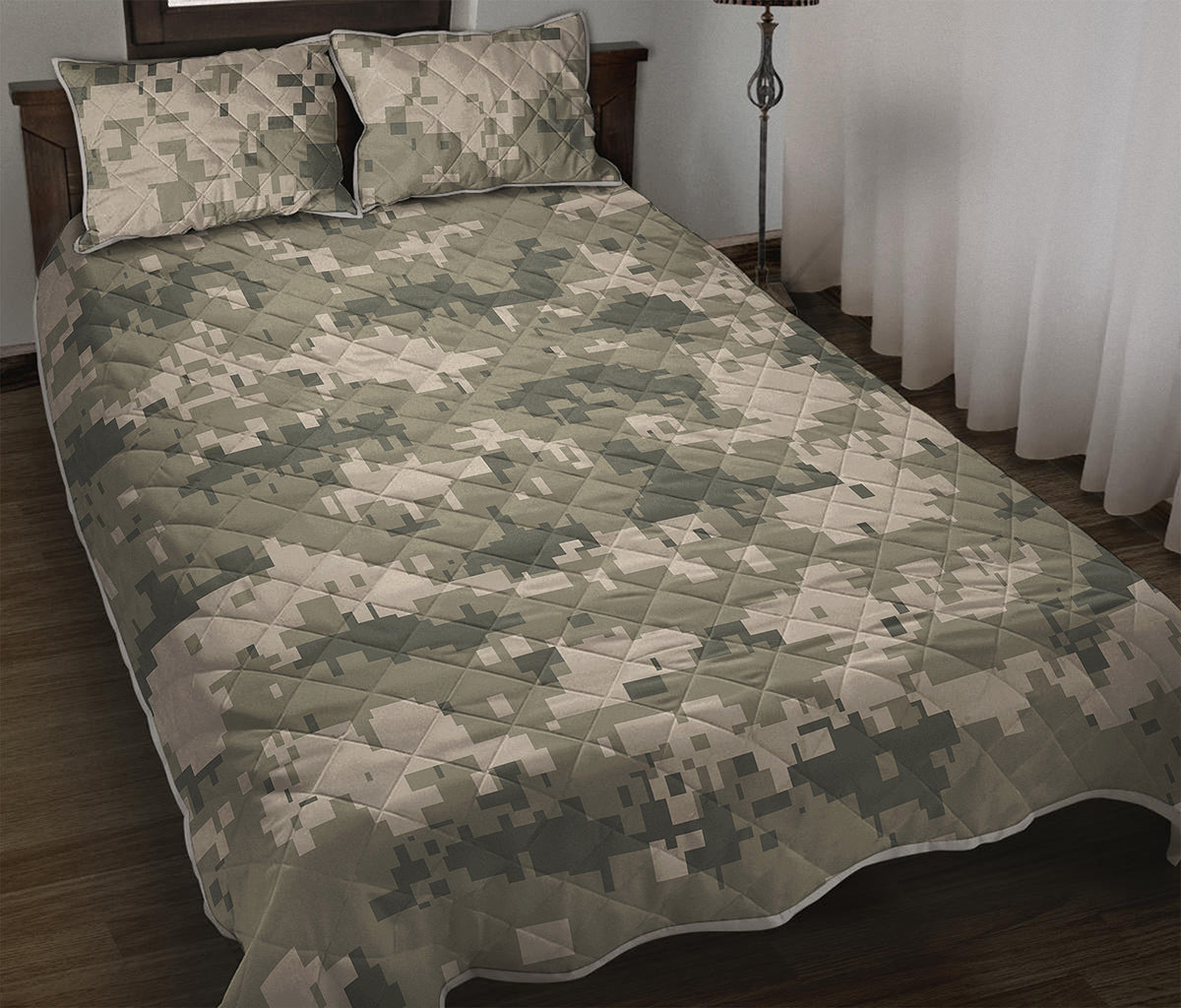 Beige Digital Camo Pattern Print Quilt Bed Set