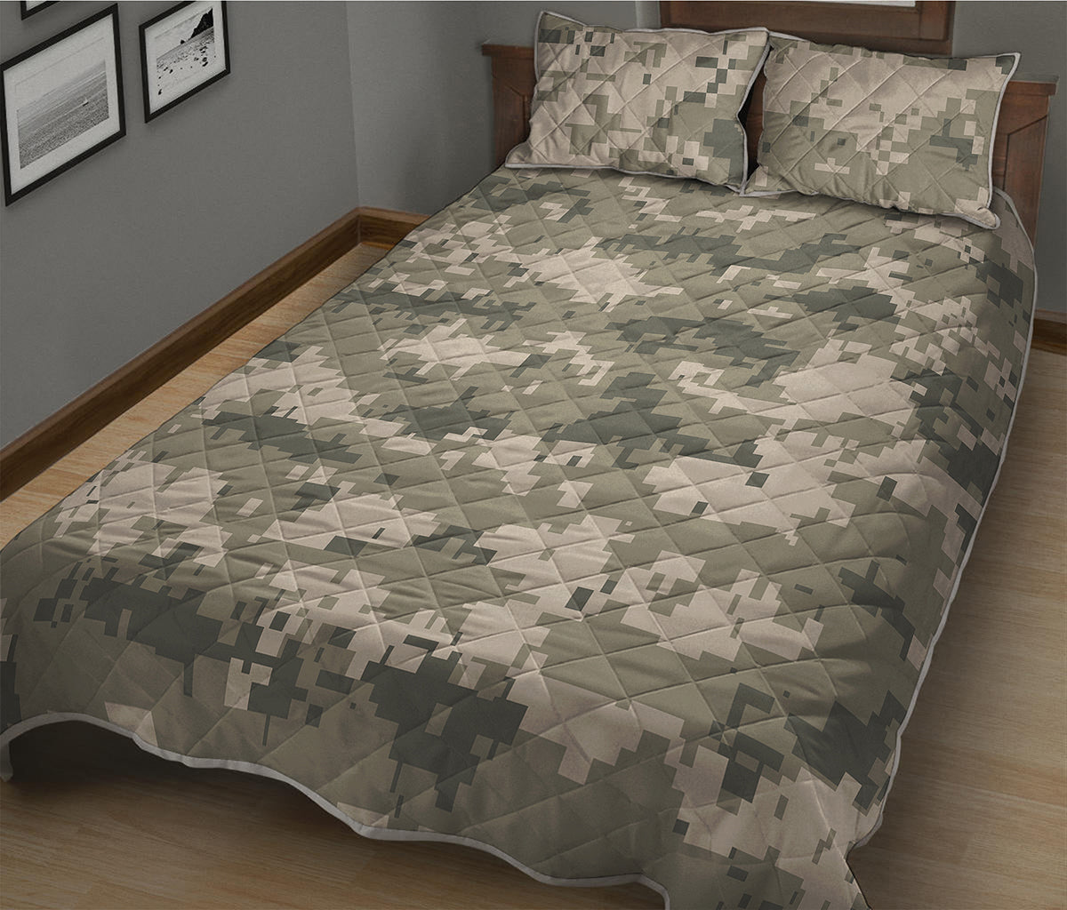 Beige Digital Camo Pattern Print Quilt Bed Set