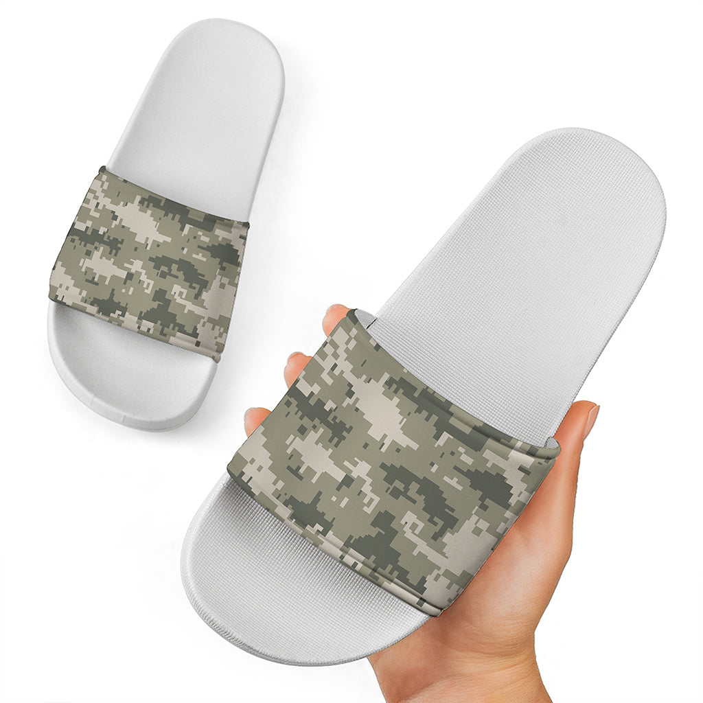 Beige Digital Camo Pattern Print White Slide Sandals