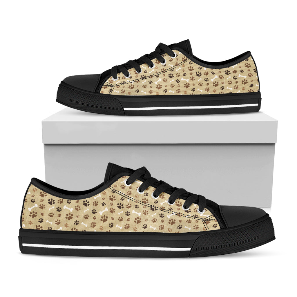 Beige Paw And Bone Pattern Print Black Low Top Shoes