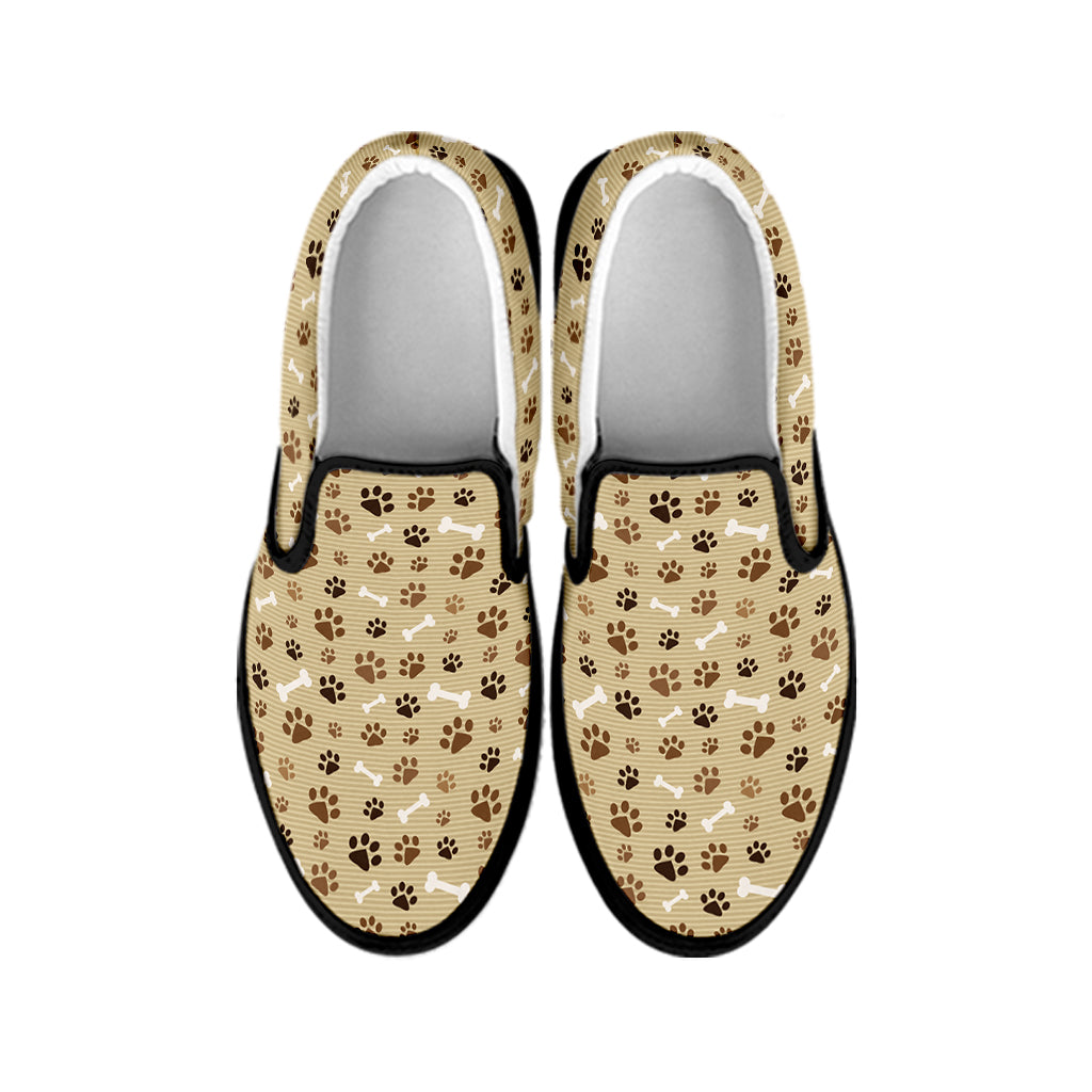 Beige Paw And Bone Pattern Print Black Slip On Shoes