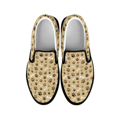 Beige Paw And Bone Pattern Print Black Slip On Shoes