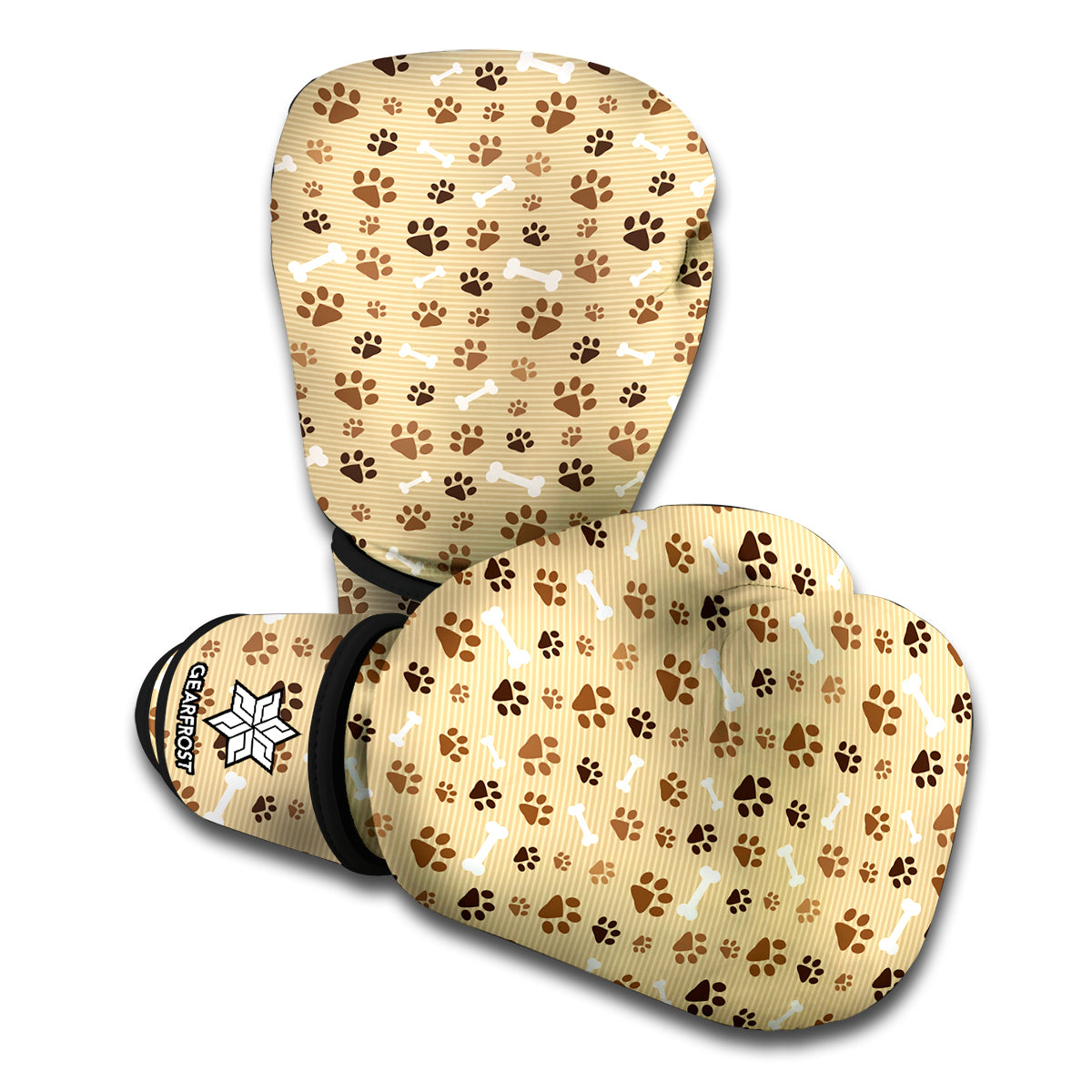 Beige Paw And Bone Pattern Print Boxing Gloves