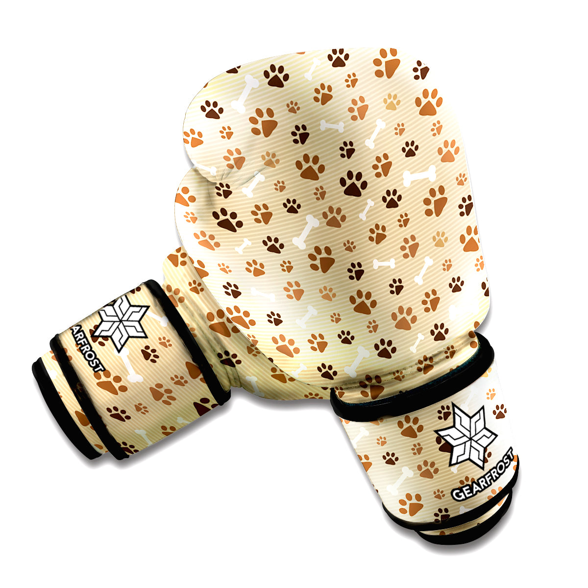 Beige Paw And Bone Pattern Print Boxing Gloves