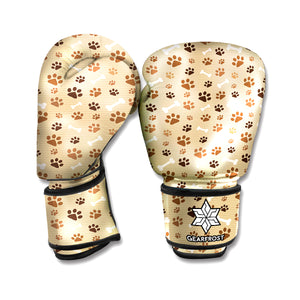 Beige Paw And Bone Pattern Print Boxing Gloves