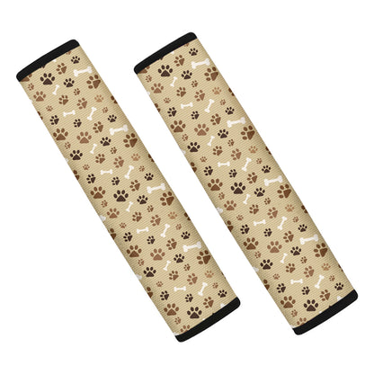Beige Paw And Bone Pattern Print Car Seat Belt Covers