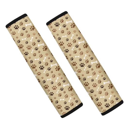 Beige Paw And Bone Pattern Print Car Seat Belt Covers