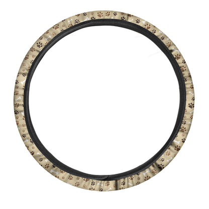 Beige Paw And Bone Pattern Print Car Steering Wheel Cover