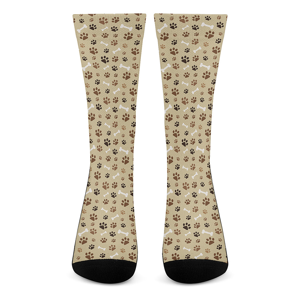 Beige Paw And Bone Pattern Print Crew Socks