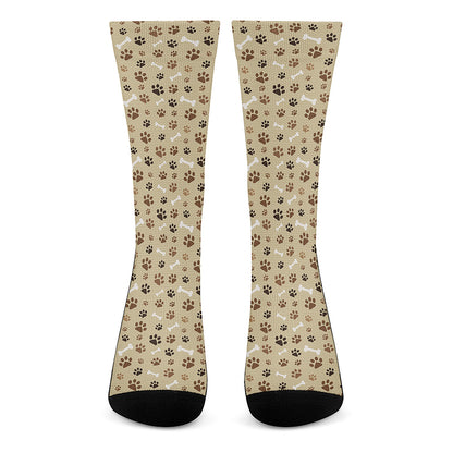 Beige Paw And Bone Pattern Print Crew Socks