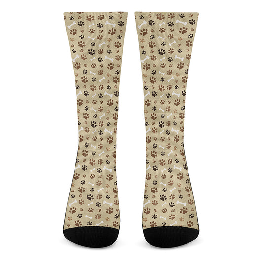 Beige Paw And Bone Pattern Print Crew Socks