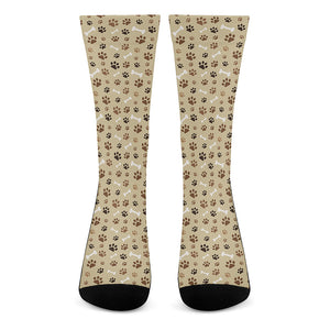 Beige Paw And Bone Pattern Print Crew Socks