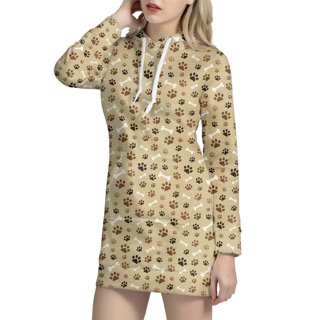 Beige Paw And Bone Pattern Print Hoodie Dress