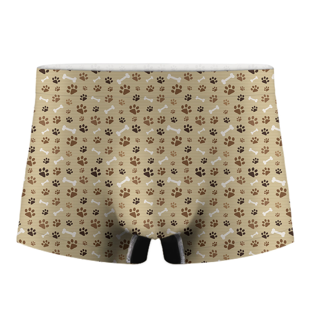 Beige Paw And Bone Pattern Print Men's Boxer Briefs