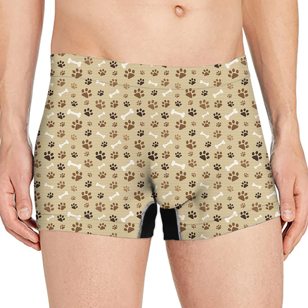 Beige Paw And Bone Pattern Print Men's Boxer Briefs