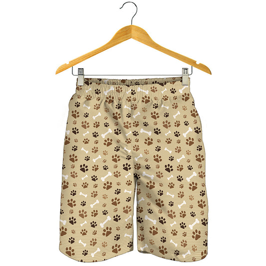 Beige Paw And Bone Pattern Print Men's Shorts