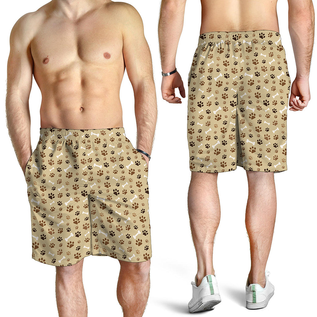 Beige Paw And Bone Pattern Print Men's Shorts