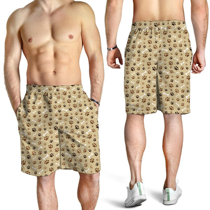 Beige Paw And Bone Pattern Print Men's Shorts