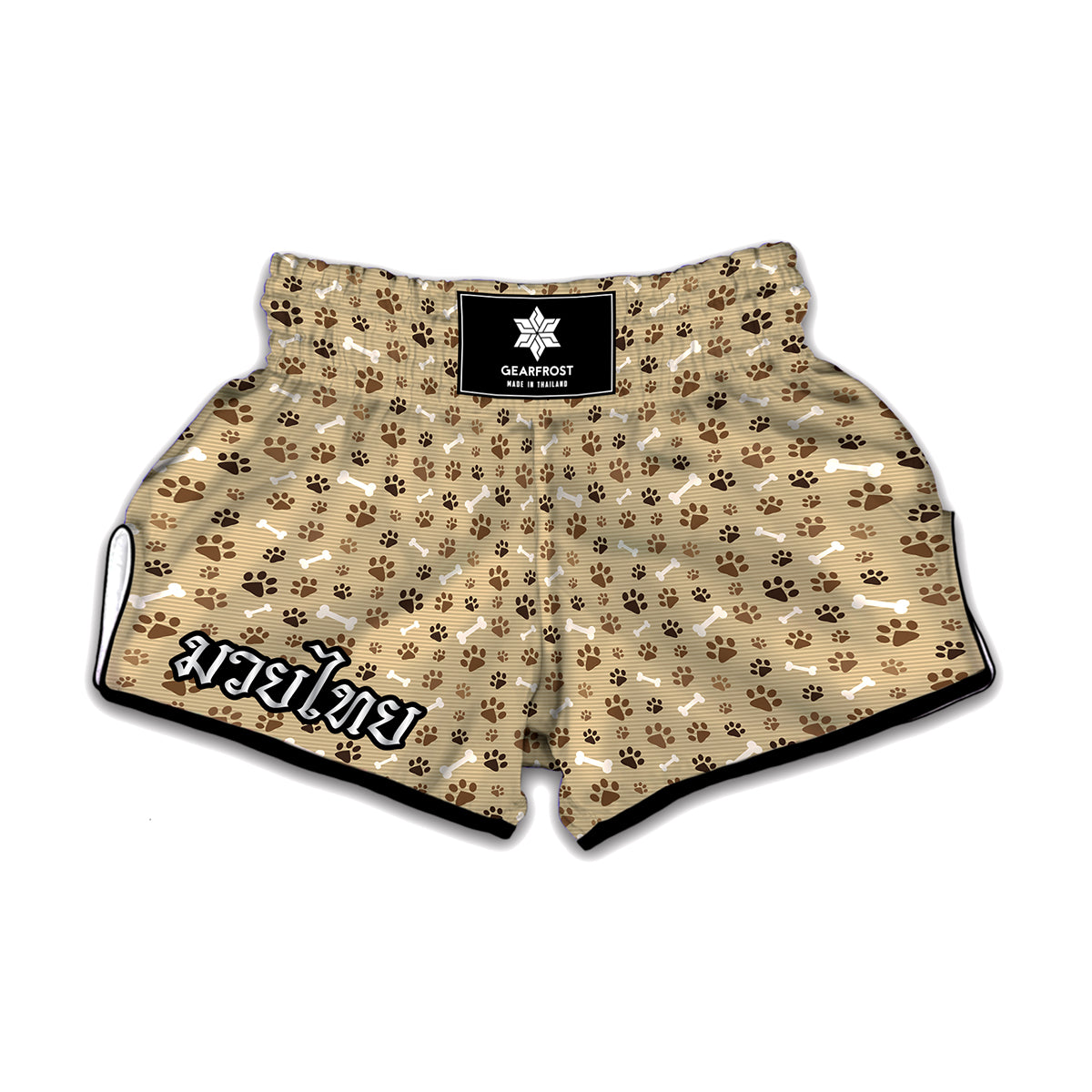 Beige Paw And Bone Pattern Print Muay Thai Boxing Shorts