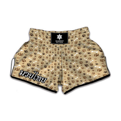 Beige Paw And Bone Pattern Print Muay Thai Boxing Shorts
