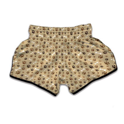 Beige Paw And Bone Pattern Print Muay Thai Boxing Shorts