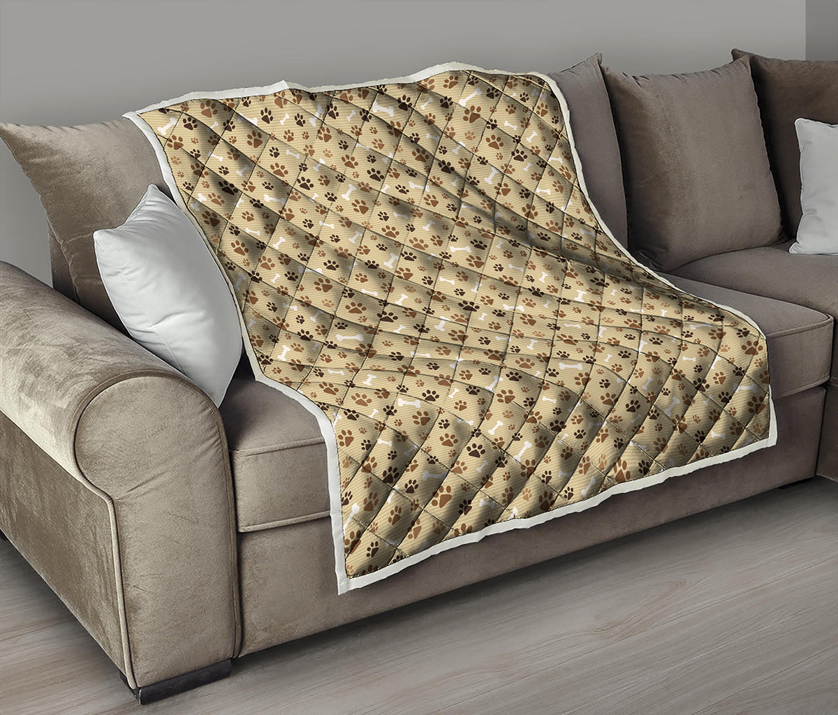 Beige Paw And Bone Pattern Print Quilt
