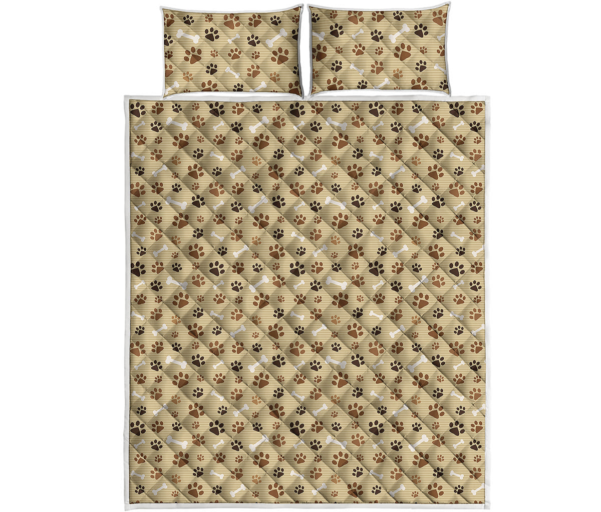 Beige Paw And Bone Pattern Print Quilt Bed Set