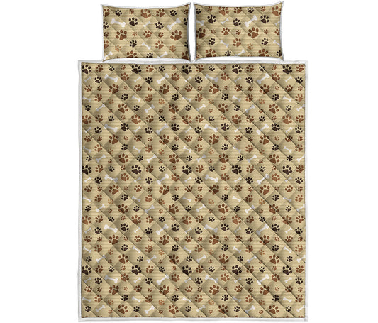 Beige Paw And Bone Pattern Print Quilt Bed Set