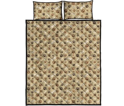 Beige Paw And Bone Pattern Print Quilt Bed Set