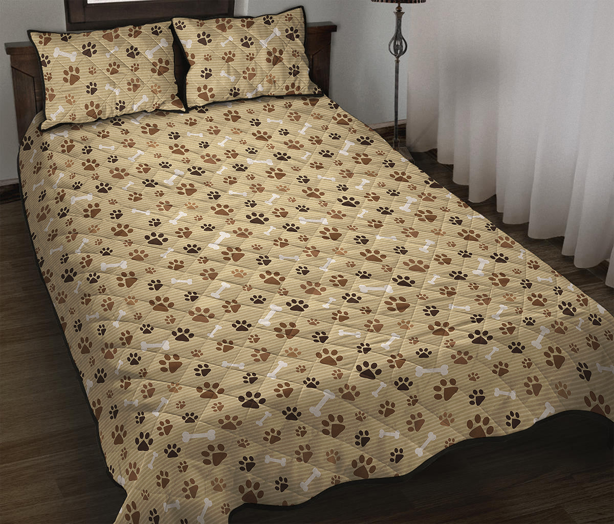 Beige Paw And Bone Pattern Print Quilt Bed Set