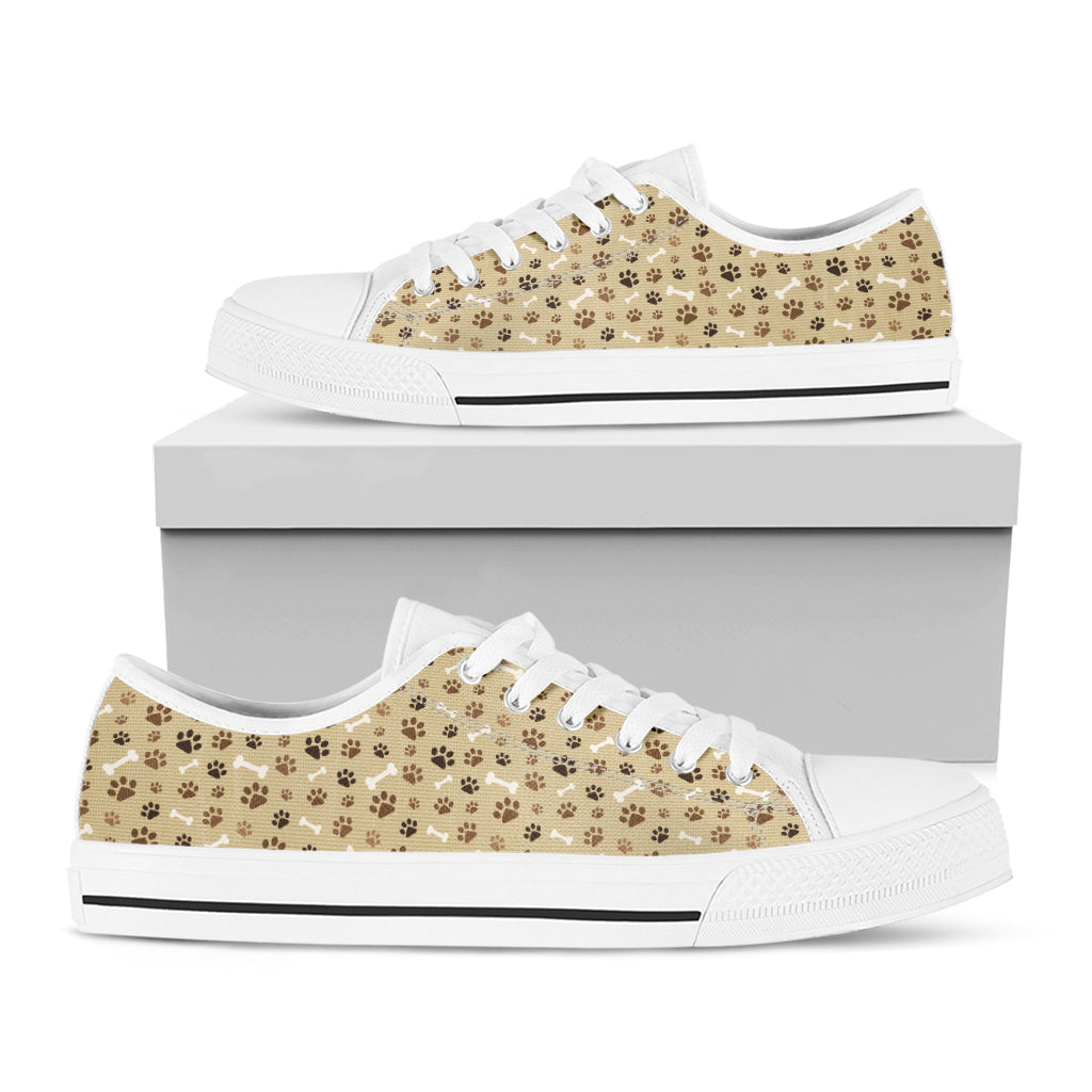 Beige Paw And Bone Pattern Print White Low Top Shoes