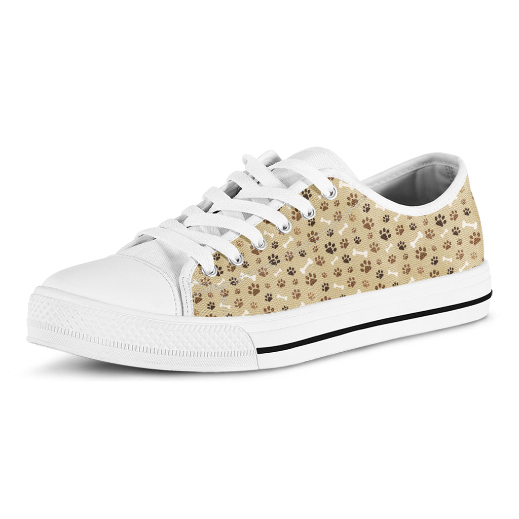 Beige Paw And Bone Pattern Print White Low Top Shoes