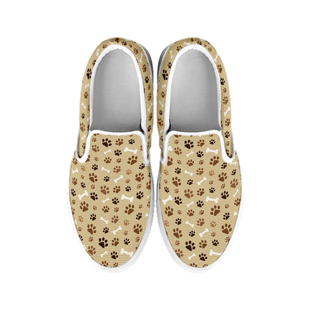 Beige Paw And Bone Pattern Print White Slip On Shoes