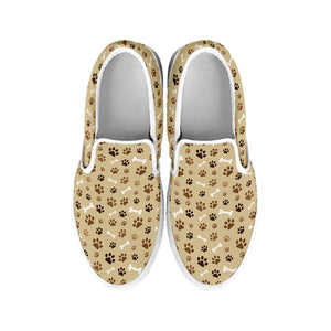 Beige Paw And Bone Pattern Print White Slip On Shoes