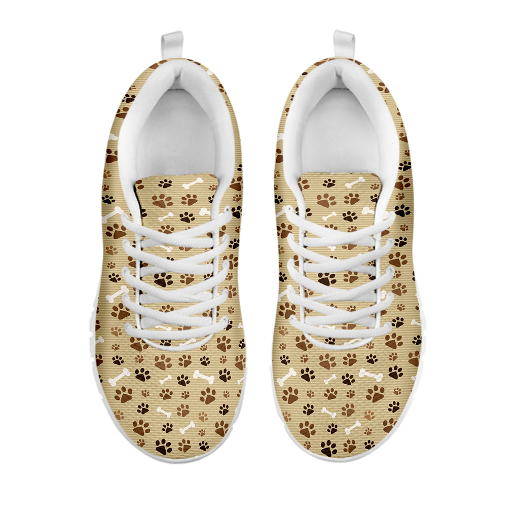 Beige Paw And Bone Pattern Print White Sneakers