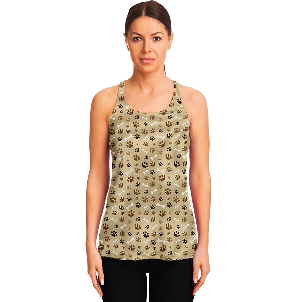 Beige Paw And Bone Pattern Print Women's Racerback Tank Top