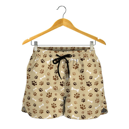 Beige Paw And Bone Pattern Print Women's Shorts
