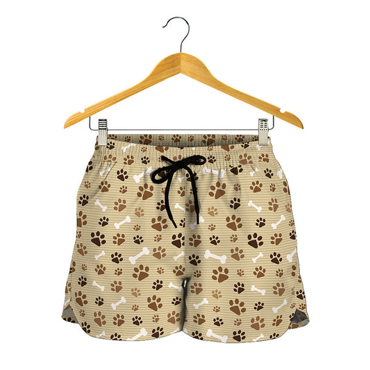 Beige Paw And Bone Pattern Print Women's Shorts
