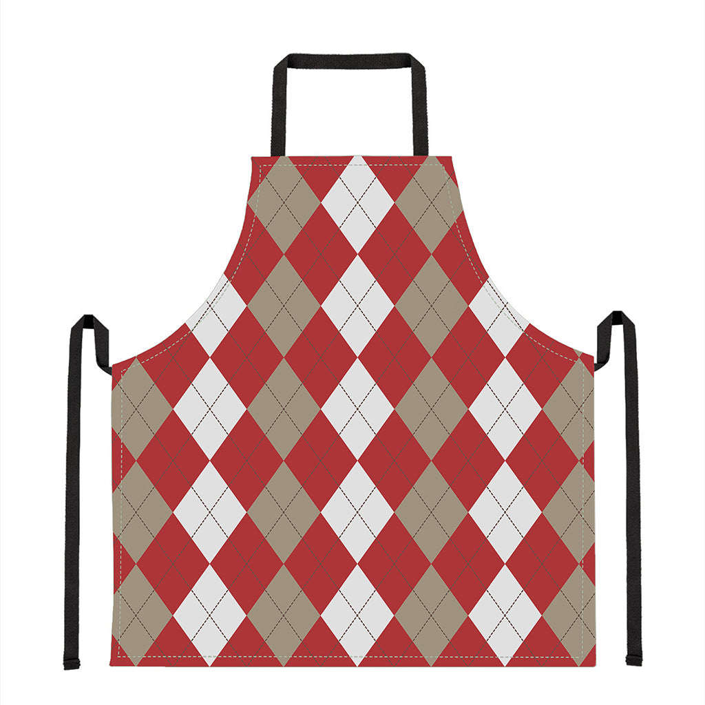 Beige Red And White Argyle Pattern Print Apron