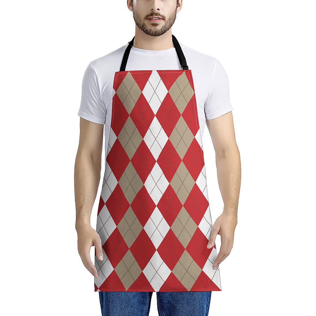 Beige Red And White Argyle Pattern Print Apron