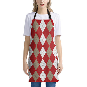 Beige Red And White Argyle Pattern Print Apron