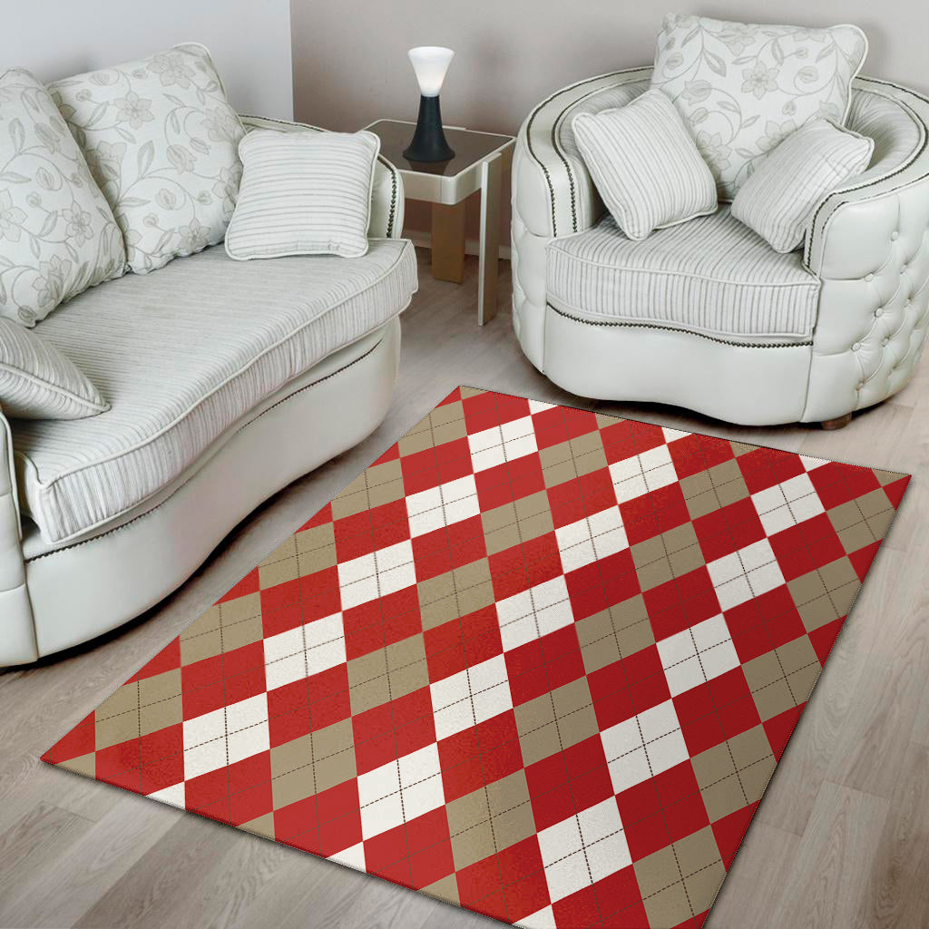 Beige Red And White Argyle Pattern Print Area Rug