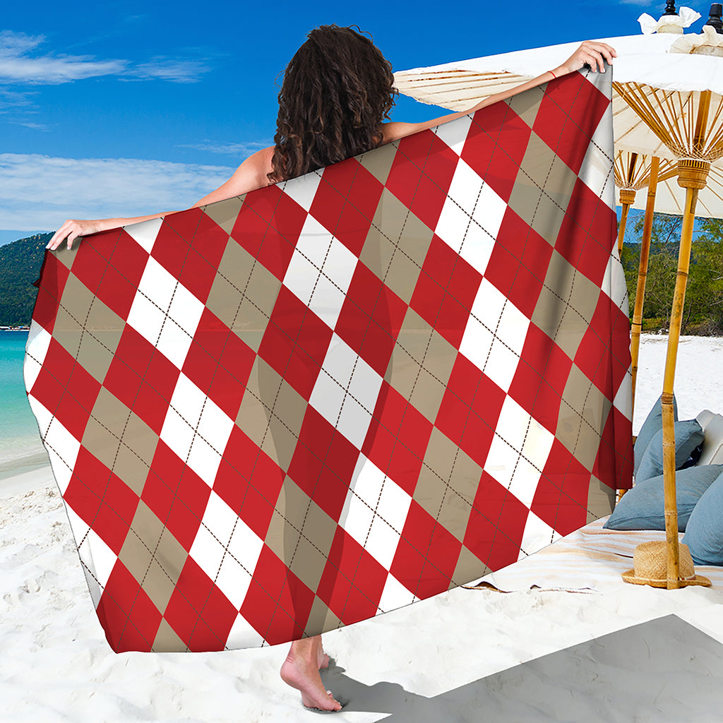 Beige Red And White Argyle Pattern Print Beach Sarong Wrap