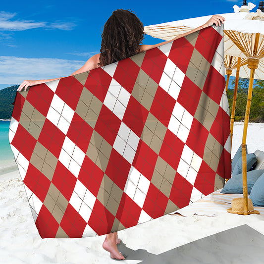 Beige Red And White Argyle Pattern Print Beach Sarong Wrap