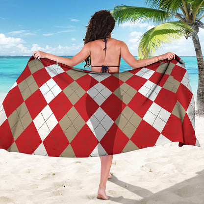 Beige Red And White Argyle Pattern Print Beach Sarong Wrap